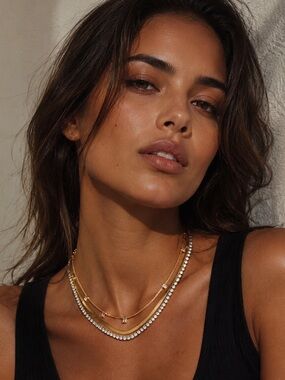 3-Layer Necklace with Square White Zirconia Stainless Steel 18K Gold Plated
